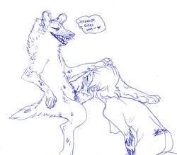 anthro ass blush breasts claws cunnilingus digitigrade drawn drooling duo english_text female hair human human_on_anthro hyena interspecies licking mammal monochrome muura nipples nude open_mouth oral paws pussy pussy_juice saliva sex sketch skinny snout tattoo teeth text tongue tongue_out vaginal_penetration yuri