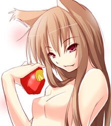 1girls animal_ears apple breasts brown_hair cute_fang food fruit holding holding_apple holding_fruit holo long_hair nilitsu no_nipples small_breasts smirk spice_and_wolf topless wolf_ears