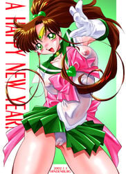 2002 areolae_bulge bishoujo_senshi_sailor_moon brown_hair cameltoe clothing dated erect_nipples erect_nipples_under_clothes green_eyes hindenburg large_breasts makoto_kino new_year new_year_2002 sailor_jupiter skirt solo tagme