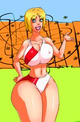 big_ass big_breasts bikini blonde_female blonde_hair blondie blue_eyes ed_edd_n_eddy hand_on_butt huge_ass huge_breasts huge_thighs nazz_van_bartonschmeer outdoors outside red_lipstick smile smiling thick_thighs