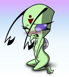 1girls alien alien_girl antennae blue_background blush female female_only fingering flat_chest gradient_background green_skin invader_zim irken looking_at_viewer lowres masturbation navel nude open_mouth pupilless_eyes purple_background purple_sclera solo straight_hair tak tak_(invader_zim) white_background zoechan