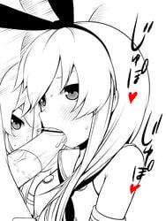 black_and_white blush fellatio female kantai_collection lantana male monochrome oral penis shimakaze_(kantai_collection) straight