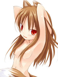 1girls animal_ears armpits arms_up blush brown_hair censor_hair convenient_censoring holo long_hair minitesu nude red_eyes small_breasts spice_and_wolf tail wolf_ears