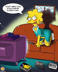 blush couch female female_only human lisa_simpson masturbation orange_box panties_down solo television the_simpsons tongue tv vhs yellow_body