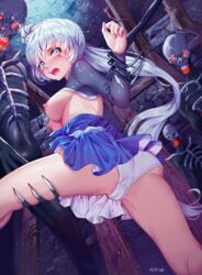 100wang apathy_(rwby) ass blood blue_eyes blush breasts breasts_out cameltoe crying crying_with_eyes_open cut dress dungeon female fingernails from_below glowing glowing_eyes grimm_(rwby) hair_ornament injury large_breasts long_fingernails long_hair long_sleeves looking_back looking_down nipples no_bra open_mouth panties ponytail red_eyes rwby scar scar_across_eye shiny shiny_clothes shiny_hair shiny_skin side_ponytail sideboob silver_hair skeleton tears underwear upskirt very_long_hair weiss_schnee