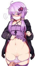 ... blush comic cum cum_on_body cum_on_clothes cum_on_lower_body cum_on_panties cum_under_clothes dress dress_lift female female_human highres human null_(nyanpyoun) out_of_frame panties panty_pull purple_eyes purple_hair short_hair_with_long_locks solo_focus speech_bubble surgical_mask underwear vagina vocaloid voiceroid yuzuki_yukari