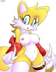 2_tails areola blue_eyes breasts canine clothed clothing clothing_lift dipstick_tail ellie_prower eyelashes female fox fur legwear mammal multi_tail multicolored_tail navel nipples pussy ricocake rule_63 shirt shirt_lift smile solo sonic_(series) tails tailsko thigh_highs yellow_fur