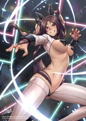 1girls adsouto animal_ears ass_visible_through_thighs body_fur braid breasts brown_eyes brown_hair dark-skinned_female dark_skin facial_mark fake_animal_ears female female_only fire_emblem fire_emblem_awakening grin highres long_hair maebari medium_breasts meme_attire navel nintendo panne_(fire_emblem) pasties rabbit_ears reverse_bunnysuit reverse_outfit shrug_(clothing) signature smile solo tail twin_braids