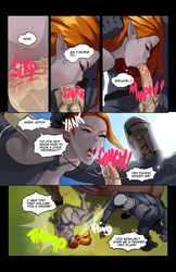 armor black_dame_(legend_of_queen_opala) closed_eyes comic dark_elf defeat elf english_text female field forced_oral gag helmet human human_penetrating knight legend_of_queen_opala male_human/female_elf missionary_position oral outside penis rape saliva speech_bubble straight swegabe tentaclemonsterchu