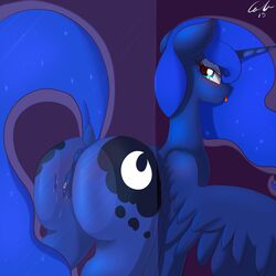 <3_eyes 2015 absurd_res alicorn anatomically_correct anatomically_correct_pussy animal_genitalia animal_pussy anus ass bedroom_eyes blue_eyes blue_feathers blue_fur blue_hair blush clitoral_winking clitoris cutie_mark dock equine equine_pussy feathered_wings feathers female feral friendship_is_magic fur hair half-closed_eyes heart hi_res horn looking_at_viewer looking_back mammal matimus91 my_little_pony on_glass princess_luna_(mlp) pussy pussy_juice seductive solo spread_wings tongue tongue_out wings