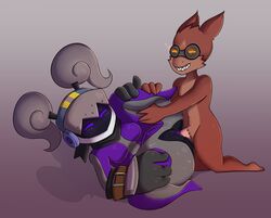 1boy 1girls android anthro armor big_hands breasts eyewear female fur furry goggles gremlin_(spiral_knights) helmet machine male male_penetrating penetration penis purple_eyes pussy red_fur robot sex shortstack simple_background somescrub spiral_knight spiral_knights straight vaginal_penetration