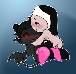 anus azazel_(the_binding_of_isaac) balls blush clothed clothing crossdressing cute demon demon_horns fangs horn human humanoid isaac_(the_binding_of_isaac) legwear male mammal nun red_eyes stockings suspendedpain the_binding_of_isaac thigh_highs wings yaoi young