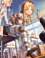 4boys 5girls arms_behind_back black_legwear black_skirt blonde_hair blue_eyes blush bondage bow breasts brown_hair ceiling classroom crying desk dildo drill_hair dutch_angle eromanga_sensei hairbow holding holding_phone humiliation indoors izumi_sagiri jinno_megumi kneehighs long_sleeves looking_at_viewer medium_breasts multiple_boys multiple_girls on_chair open_mouth pantyhose phone pussy_juice pussy_juice_drip red_bow rope rope_bondage saliva school_uniform sex_education shoes silver_hair sitting sitting_on_desk skirt smartphone stylus tears tied_up tokinohimitsu twin_drills vibrator_under_panties white_legwear white_pantyhose window yamada_elf