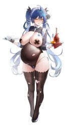 areola_slip big_breasts bikini_bottom black_legwear black_thighhighs blue_eyes blue_hair blush breasts_out embarrassed female female_only huge_breasts iuno_(wuthering_waves) lace-trimmed_thighhighs leotard long_hair looking_at_viewer maid maid_headdress maid_uniform nylons pasties pregnant pussy_juice sesefadou0v0 solo thick_thighs thighhighs torn_clothes torn_legwear tray twintails veiny_breasts very_long_hair wide_hips wuthering_waves x_pasties