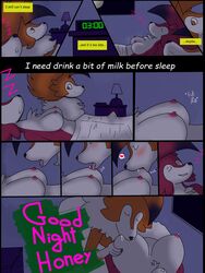 1boy 1girls anthro areolae bed black_border blush breast_sucking breastfeeding breasts closed_eyes comic dusk_lycanroc erection furry kiss_the_carrot lactation lycanroc midnight_lycanroc milk nintendo nipples oral pokemon pokemon_sm pokemon_usm sleeping straight text tongue tongue_out