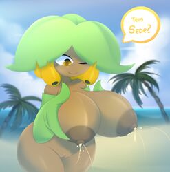 1girls 2016 amber_eyes areola armwear banana beach big_breasts breasts brown_body clothed clothing female female_only flora_fauna food fruit green_hair hair hi_res huge_breasts humanoid juice lactation leaf_hair looking_down metachoke non-mammal_breasts one_eye_closed outside palm_tree plant portuguese_text pussy sand seaside shortstack sky speech_bubble standing tami_(elfdrago) tami_(metachoke) tears text thick_thighs thigh_gap translated tree unusual_lactation water