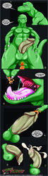 cock_vore comic cum dialogue dinosaur green_roon macro male micro mouth_shot penis saliva theropod tongue tyrannosaurus_rex vore