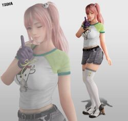 1girls 3d bad_id bad_pixiv_id belt belt_buckle big_breasts blender_(medium) blush breasts commentary_request cow_shirt dead_or_alive dead_or_alive_5 denim denim_shorts female glove hair_ornament hair_up high_heels highres honoka_(doa) large_breasts long_hair pink_hair pose saskeni shoes short_shorts shorts side_ponytail skirt skull_hair_ornament skull_ornament solo t-shirt thighhighs thighs white_thighhighs xnalara_(medium) zoom_layer