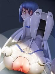 anus ass back blue_hair censored clothing cockpit crotchless_clothes darling_in_the_franxx female from_behind ginhaha goro_(darling_in_the_franxx) gorou_(darling_in_the_franxx) human ichigo_(darling_in_the_franxx) looking_at_viewer looking_back machine mecha pale_skin pilot_suit pussy straddling sweatdrop