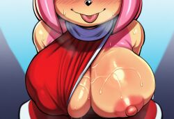 :p ai ai_generated alternate_breast_size amy_rose animal_nose bare_shoulders blue_background blush body_fur breast_focus breast_slip breasts breath close-up closed_mouth covered_nipples dress female female_only furry furry_female gloves gradient_background head_out_of_frame huge_breasts large_areolae mongrealai nipples no_bra nose_blush one_breast_out open_clothes pink_hair red_dress shiny shiny_skin sleeveless sleeveless_dress smile solo sonic_(series) sonic_the_hedgehog_(series) steaming_body sweat tongue tongue_out upper_body wet white_gloves