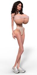 2026 3d_(artwork) big_breasts big_butt bimbo_(fashion) bimbofication bimbofied bottomwear breasts brown_hair butt cleavage clothed clothing curvy_figure digital_media_(artwork) female female_only footwear green_eyes hair hip_bones huge_breasts huge_butt hyper_breasts hyper_butt lips long_hair long_nails mammal mostly_nude navel nipple_outline not_furry shoes simple_background skimpy skinny slim small_waist sneakers thick_lips thin thin_arms thin_legs topwear wide_hips wratrds