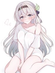 1girls blush breasts embarrassed embarrassed_female firefly_(honkai:_star_rail) gradient_hair hair_ornament headband heart honkai:_star_rail honkai_(series) large_breasts large_shirt long_hair looking_at_viewer loose_clothes loose_shirt multicolored_eyes on_knees oversized_shirt shirt silver_hair
