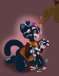 bottomless clothed clothing cum cum_in_mouth cum_inside disembodied_penis feline feline female humanoid_penis mae_(nitw) male mammal night_in_the_woods penis sean_blackthorne