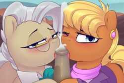 2018 blush clothing collaborative_fellatio cum cumshot earth_pony ejaculation equine eyelashes eyewear fellatio female feral friendship_is_magic glasses group hair half-closed_eyes highres horse horsecock licking_penis looking_at_viewer male mammal mayor_mare_(mlp) ms._harshwhinny my_little_pony oral oral_sex straight