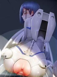 anus ass back blue_hair censored clothing cockpit crotchless_clothes darling_in_the_franxx female from_behind ginhaha goro_(darling_in_the_franxx) gorou_(darling_in_the_franxx) human ichigo_(darling_in_the_franxx) looking_at_viewer looking_back pale_skin penis pilot_suit pov pussy sex speed_lines straddling straight sweatdrop vaginal vaginal_penetration