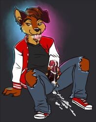 anthro canine chuck_taylors clothed clothing cum cum_on_penis erection fan_character humanoid_penis letterman_jacket male male_only mammal masturbation penile_masturbation penis sean_blackthorne solo steamy_breath syrae-universe tongue tongue_out