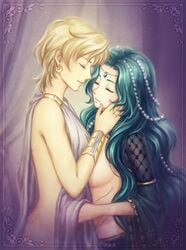 2girls bishoujo_senshi_sailor_moon blonde_hair clothed clothing embracing eyes_closed female_only green_hair haruka_tenou kay-i lesbian long_hair michiru_kaiou multiple_females short_hair small_breasts soft sweet topless yuri