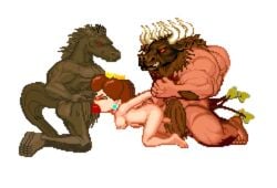 1girls 2boys animated ass barefoot beast bovine breast breasts brown_hair deepthroat doggy_style double_penetration equine fellatio female forced full_body horns horse kneeling m.u.g.e.n male mario_(series) marleyproctor minotaur minotaur_(mugen) multiple_boys nintendo nipples nude oral penis pixel princess_daisy spitroast transparent_background