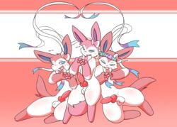 3_fingers 3boys animal_genitalia animal_penis blue_eyes blush canine_penis eeveelution fangs flower_crown fur furry group knot male male_only mammal miau nintendo open_mouth penis pink_fur pokémon_(species) pokemon pokemon_(species) sheath simple_background sylveon testicles video_games white_fur