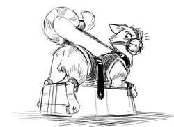 angry anthro ball_gag bench blush bondage bound chicomaster collar feline forced gag gagged harness harness_gag humiliation leash looking_back mammal monochrome raised_tail restrained rough_sketch simple_background sketch tail_bondage tail_cuff