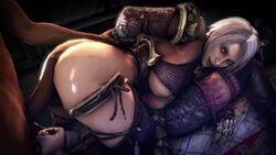 1boy 2girls 3d animated bayernsfm buttjob dark-skinned_male dark_skin dat_ass female huge_breasts interracial isabella_valentine no_sound short_hair soul_calibur source_filmmaker tira video white_hair