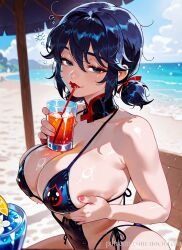 1girls ai_generated beach big_breasts bikini blue_eyes blue_hair breast_grab breasts clothed clothed_female disney disney_channel drinking female female_focus female_only hair horny huge_breasts human ladybug_(character) lipstick looking_at_viewer low_twintails marinette_cheng marinette_dupain-cheng mascara miraculous:_tales_of_ladybug_and_cat_noir miraculous_ladybug noctorella outdoors ponytail seaside short_hair side_view sitting solo solo_female solo_focus