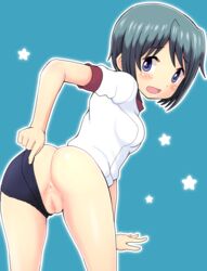 anus ass blue_eyes blue_hair blush breasts buruma buruma_aside buruma_pull censored female female from_behind legs_apart looking_at_viewer looking_back mahou_shoujo_madoka_magica miki_sayaka mosaic_censoring open_mouth pussy qm shirt short_sleeves small_breasts solo standing star white_shirt