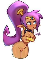 annoyed blue_eyes blush breasts covering covering_breasts dark-skinned_female dark_skin ear_piercing female genie hair humanoid long_hair nude piercing pointy_ears ponytail pout pouting purple_hair pussy shantae shantae_(character) simple_background smokyholes smooth_skin solo video_games