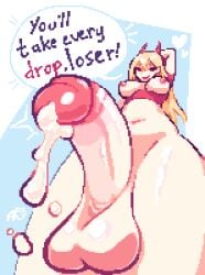 1futa angrypeach0 balls blonde_hair bottomless breasts chainsaw_man cum cum_drip cum_on_face cumming cumming_on_viewer cumshot dialogue drinking futa_only futadom futanari inviting_to_sex light-skinned_futa light_skin long_hair looking_at_viewer pixel_art pov pov_eye_contact power_(chainsaw_man) small_breasts solo solo_futa taker_pov talking_to_viewer text viewed_from_below