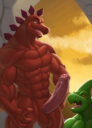 3_fingers abs anthro balls biceps big_penis chow_(kfdp) dinosaur duo erection kittikary kung_fu_dino_posse male male_only mega_(kittikary) muscular muscular_male pecs penis red_skin scalie stegosaurus virus