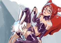 animal_ears bondage bunny_(bnf) bunny_ears casimira_(orannis) collar cunnilingus cunnilingus_through_clothes dure eyewear female femdom femsub glasses humanoid lagomorph leash lezdom mammal multiple_girls oral rubber squirrel_ears yuri