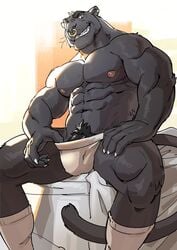 anthro balls big_penis clothing feline humanoid_penis iam0rang3_(artist) male mammal muscular panther penis ubzerd_(character) underwear yaoi