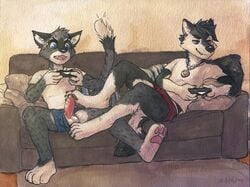 2boys 4_toes anthro balls black_fur blue_eyes boxers_(clothing) canine clothing controller erection feline foot_on_penis fur game_controller gay grey_fur humanoid_penis male male_only mammal open_mouth pawpads penis shirt shocked sicklyhypnos sofa t-shirt toes underwear white_fur yaoi