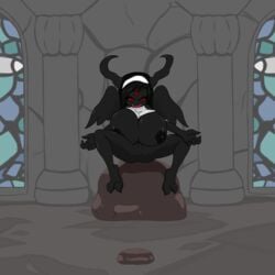 1girls angelthecatgirl black_nipples black_skin breasts demon_girl eve_(the_binding_of_isaac) fangs female female_only hooves horn horns legs_apart meditating mouth_open nun pussy red_eyes the_binding_of_isaac whore_of_babylon wings