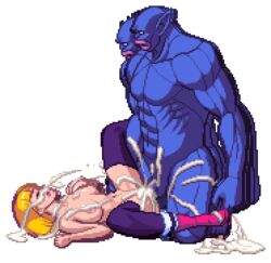 animated blonde_hair bouncing_breasts chijoku_no_troll_busters cum cum_explosion cum_in_pussy cum_inside cum_on_body cum_on_breasts cum_on_face cum_on_upper_body defeated helpless interspecies missionary missionary_position ogre partially_clothed pixel_art pussy rape red-p sex spread_legs thighhighs troll vaginal_penetration