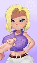 1girls alternate_version_available android_18 blonde_hair blue_eyes cameltoe cleavage curvy dragon_ball erect_nipples female huge_areolae huge_ass huge_breasts puffy_nipples short_hair shorty_stories thick_lips voluptuous wide_hips