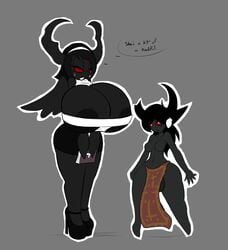 5_fingers angelthecatgirl azazel_(the_binding_of_isaac) black_hair black_nipples black_skin breasts broken_horn color eve_(the_binding_of_isaac) female futanari horn horns huge_breasts hyper_breasts intersex nipple_slip red_eyes rule_63 text the_binding_of_isaac thick_thighs tight_clothing whore_of_babylon wings