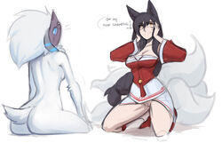 2018 ahri animal_ears anthro arbuzbudesh ass bare_shoulder beige_pussy bell biped black_hair blue_eyes breasts caprine cleavage dialogue dreadlocks dress duo elbow_tufts english_text female fox_ears front_view fur furry holding_head humanoid humanoid_hands inner_ear_fluff kindred kneeling lamb_(league_of_legends) league_of_legends long_hair long_tail looking_away looking_back mammal mane_hair medium_breasts multiple_tails no_underwear nude pussy rear_view riot_games seductive sheep short_tail sideboob simple_background sitting smile speech_bubble spirit surprise tan_skin text tuft vastaya white_background white_fur white_hair white_tail yellow_eyes