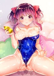 3: absurdres bangs blue_swimsuit blush bow breasts breasts_out cameltoe competition_swimsuit covered_navel eyebrows_visible_through_hair female hair_ribbon hairbow highleg highleg_swimsuit highres large_breasts looking_at_viewer lotion maumen nipples off_shoulder official_art one-piece_swimsuit original partially_visible_vulva purple_eyes purple_hair red_bow red_ribbon ribbon short_twintails sidelocks sitting solo spread_legs swimsuit twintails