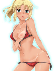 :o bangs bare_arms bare_shoulders bikini bikini_pull bikini_tan black_ribbon blonde_hair blue_background blush breasts cameltoe chestnut_mouth collarbone contrapposto covered_nipples cowboy_shot eyebrows_visible_through_hair fate/grand_order fate_(series) female front-tie_bikini front-tie_top gradient gradient_background green_eyes groin halterneck highres long_hair looking_at_viewer medium_breasts mordred_(fate) mordred_(swimsuit_rider) navel nipples one_breast_out parted_bangs ponytail pulled_by_self red_bikini ribbon shiny shiny_skin side-tie_bikini sidelocks solo standing stomach strap_gap string_bikini swimsuit tan tanline v-shaped_eyebrows yoshi_tama